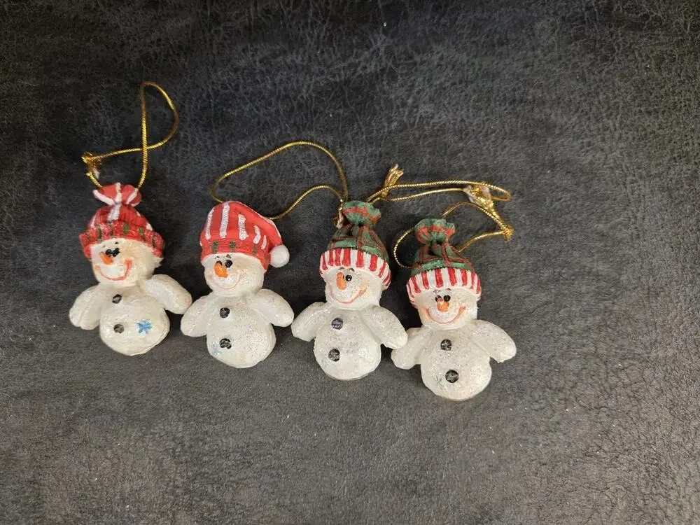 4 Vintage Miniature Glitter Snowman Ornaments Red Green Striped Hats Christmas